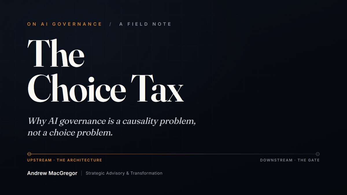 The Choice Tax — title plate on a dark drafting ground: ‘Why AI governance is a causality problem, not a choice problem.’