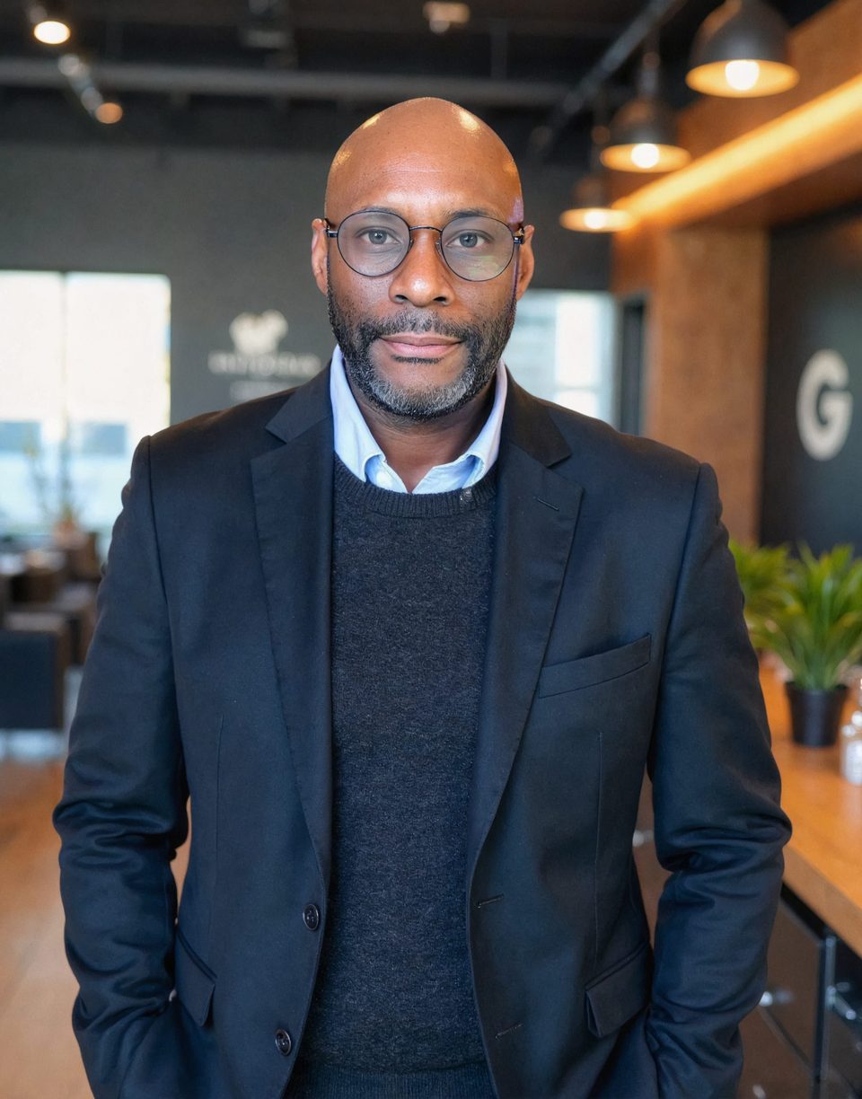 Portrait of Andrew MacGregor in a navy blazer and dark sweater, standing in a warmly lit office.